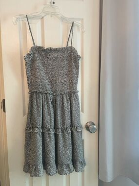 Jessica Simpson Smocked Dress in Black & White Animal Print and Ruffle Trim